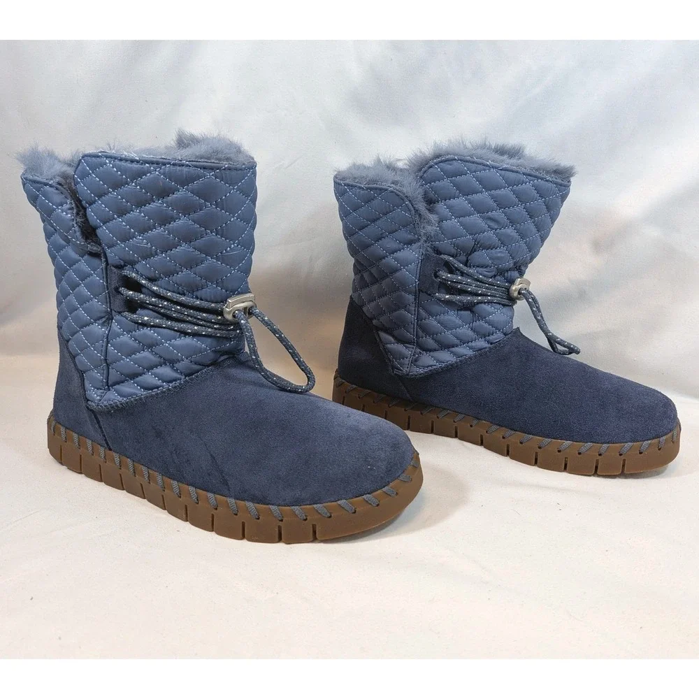 Muk Luks Blue Quilted Suede Boots; Faux Fur Lined Winter Snow Shoes